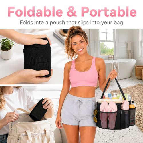 Mesh-Shower-Caddy-Portable-for-Dorm-College-Room-Essentials-8-Pocket-Large-Shower-Bag-with-Single-Handles-Hanging-Shower-Basket-for-Beach-Swimming-Bathroom-Beach-Black