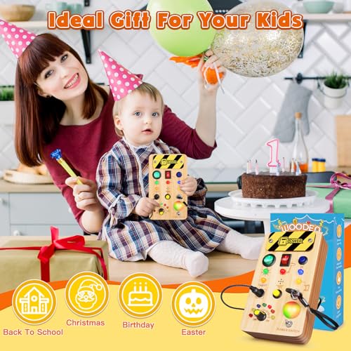 Image of TINTECUSA Busy Board Montessori Toys for Toddler, Wooden Sensory Board Switch Toy with Color-Changing LED Light Up Travel Toys Educational Plane Travel Activity for 1-6 Year Old Girls & Boys Gifts
