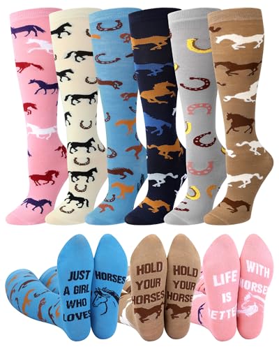Chuarry 6 Pairs Funny Horse Socks for Women Knee High Equestrian Riding Western Boot Socks for Derby Lover Gifts Party Favors(Stylish Color)