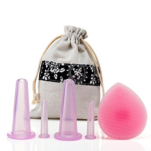 NIPOO Face Cupping Set - Cupping for Face & Eyes (4pcs) + Free Cleansing Brush, Anti Aging/Wrinkle Silicone Suction Massage Cup Therapy Set, Improve Collagen