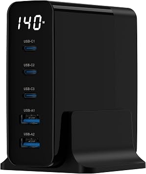 X-Level 140W GaN Fast Charging Station, 3 USB-C and 2 USB-A Ports, PD/QC/PPS Supported, LED Display, 5A Fast Charging, Current Protected, Overcharge Protected, 5 Devices Charging at the Same Time, Black