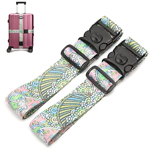 2 Pack 75'' x 2'' Adjustable Luggage Straps for Suitcase Belt Travel Bag Packing Straps Accessories (Rainbow)