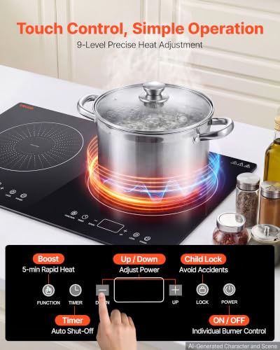 Image of VEVOR Induction Cooktop 24inch 2 Burners Built-in Electric Stove 110V 1800W, Countertop Induction Burner, with 9 Power Levels, LED Touch Screen, Ceramic Glass Surface, Child Lock, for Kitchen, RV