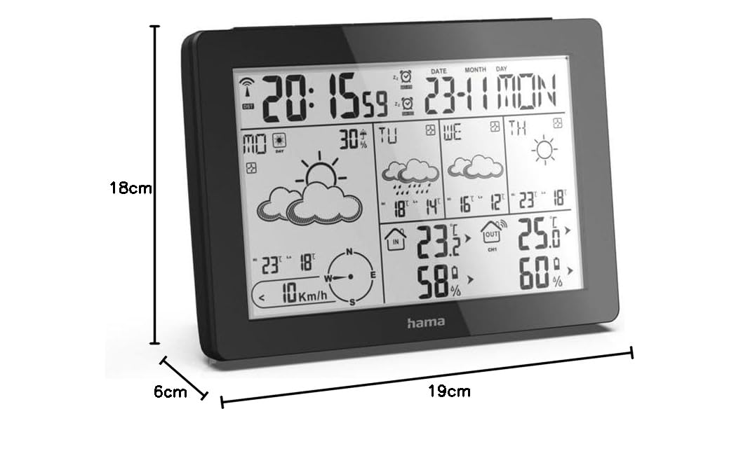 Hama I Estación meterológica con pantalla digital ("Meteotime", DCF, Termómetro, Higrómetro, Reloj, Calendario, Alarma) Negro