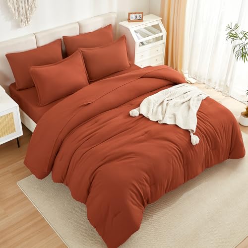 Litanika Burnt Orange Comforter California King Size Set - 7 Pieces Terracotta Bed in a Bag California King Bedding Comforter Sets, Plain Lightweight Bed Set