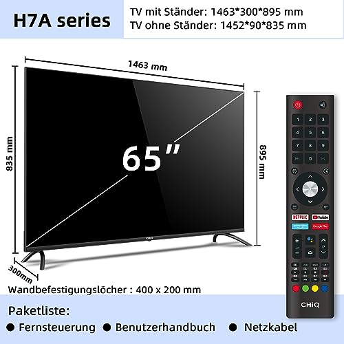 CHIQ 65 Zoll Fernseher,U65H7A,4K Smart TV,Android 11,WiFi,Bluetooth,Dolby Vision,Play Store, Google Assistant,Chromecast,Netflix,Triple Tuner(DVB-T2/T/S2/C), HDMI2.0, Schwarz – Bild 4