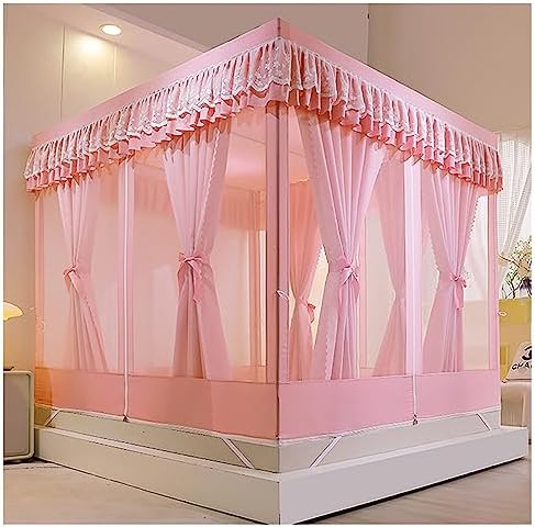 Cozy Drape Bed Netting Canopy Frame 4 Corners Canopy Bed Frame Post Poles with Curtain Mosquito Net Bed Frame Curtain Brackets Elegant,Pink,Twin