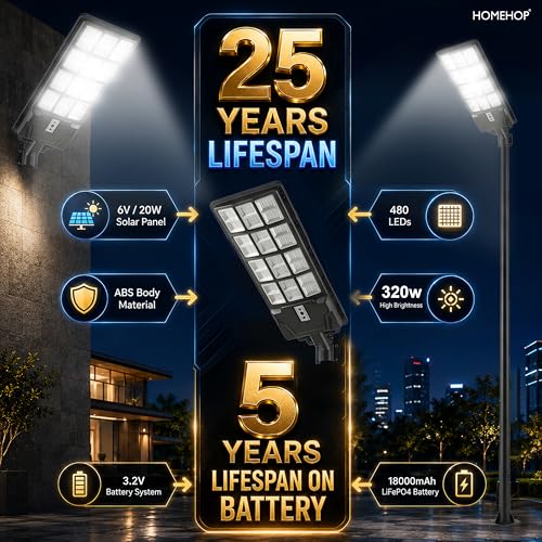 Image of Homehop Solar Light Outdoor Home Garden 320W Street Night Lamp Waterproof | Solar Street Light Outdoor Wall Automatic Motion Sensor LED Security for Road, Pathway with Pole (Cool White,18000mAh, ABS)