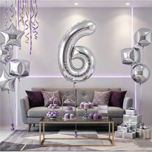 Image of Number Balloons Silver Party Balloon - Giant Number 6 Balloon, 40 Inch Large Balloon for Birthday Decorations, Silver Party Supplies for Anniversary
