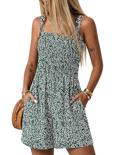Image of Lepunuo Womens Rompers for Summer Casual Smocked Jumpers Overalls Square Neck Jumpsuits with Pockets Beach Vacation