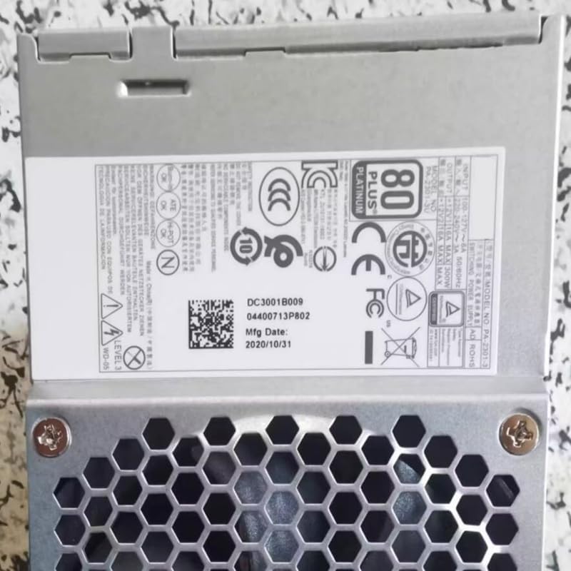 Regulatory and technical specification label on the power supply unit, showing certifications and model details.