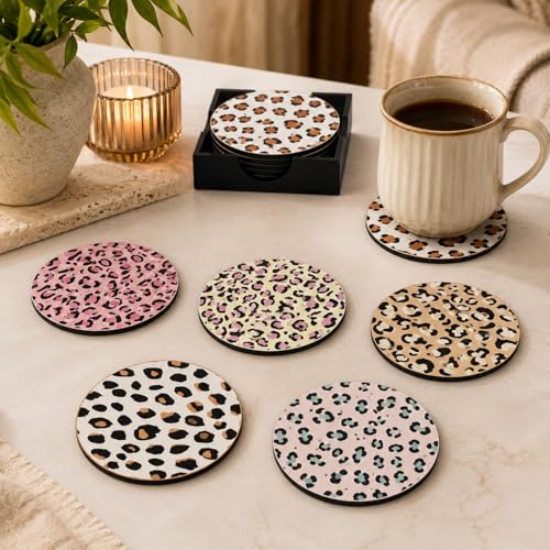 Image of Zesta Coasters for Cups Set of 6 / Wooden Coasters for Bar Accessories for Home /Tea Coaster Set of 6 / Waterproof Dining Table Decor Glass Cover (Jungle Theme, Circle)