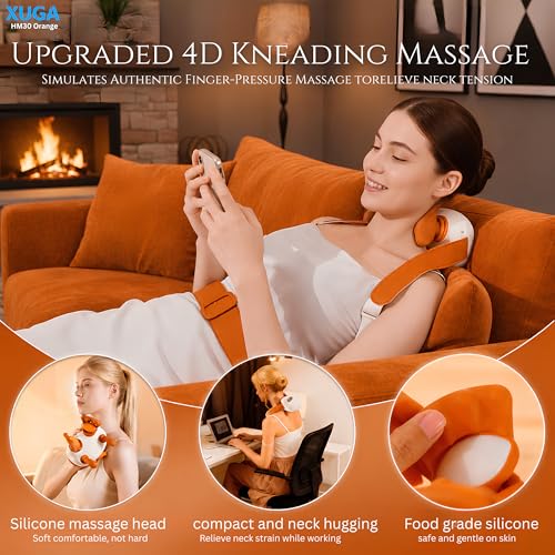 Image of XUGA HM030 Bionic Heated Massager, Wireless Portable Shiatsu Neck and Back Massager, Electric Deep Tissue 4D Kneading Massage, Simulated Human Hand Design for Pain Relief and Muscle Relax (Orange)