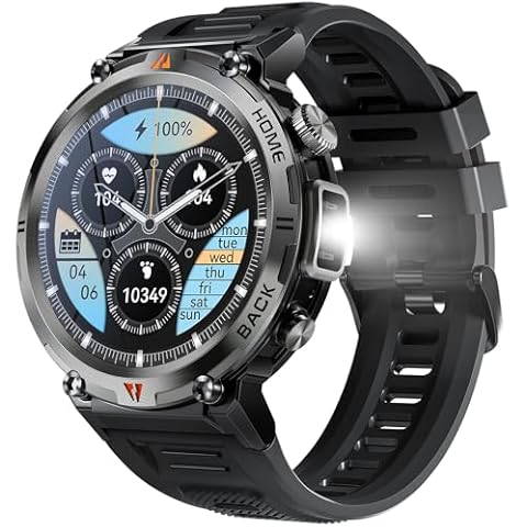 JELLOO 3ATM Waterproof Military Smart Watches for Men KE3 with LED Flashlight Android Smart Watch Compatible with iPhone(Call Received/Dial) 1.45'' HD 110+ Sports Modes Heart Rate Sleep Monitor Cover