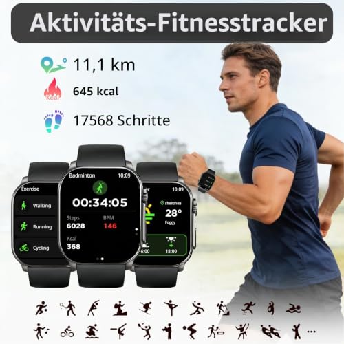 Poounur Smartwatch Herren, 2.01" HD AMOLED Curved-Display, Fitness Tracker – Ansicht 6
