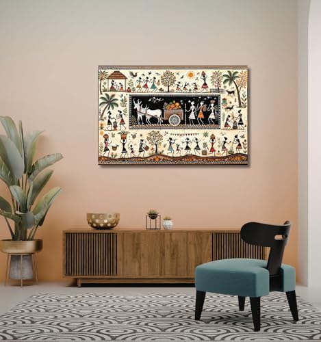 Image of KunjCart Warli Painting Colorful Tribal Dance Bull Cart Tree Sun Birds Village Scene | Warli Art Painting for Living Room Bedroom Office Room Decor Canvas Painting For Wall Decoration (36x24 Inch, Unframed - LARGE)