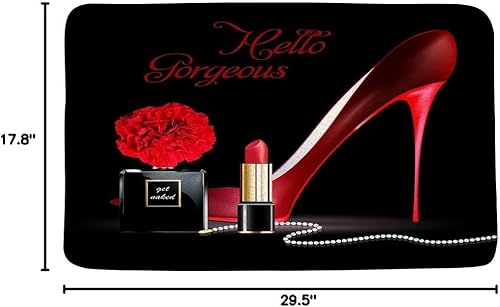 Miniatura 3 de Alfombra de baño de tacones altos rojos Hello Gorgeous Lipstick Perfume Flor Moda Maquillaje Mujer Niñas Día de San Valentín Fondo Negro Microfibra