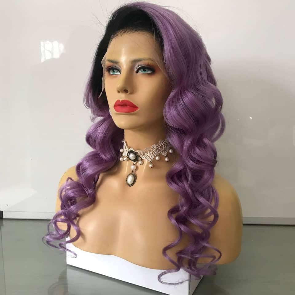 Perruque loose wave violet racine noir en cheveux naturels brésiliens de 26 pouces