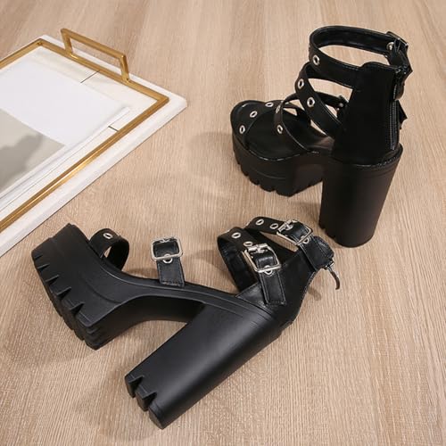 Women's Leather Hollow Out Platform Chunky Heel Roman Sandals Fashion One Bands Round Open Toe Back Zipper Summer Goth High Heel Sandals for Party Wedding4