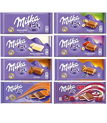 Milka Chocolates Assortment Variety of 8 Bars, 100g Each