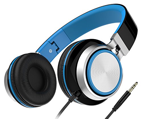 Honstek Headphones, Foldable Lightweight On-Ear Headphones for Kids Girls Adults, Stereo Wired Comfortable Headset Compatible with iPhone iPad PC Xbox Tablets MP4 (Black/Blue)