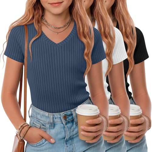 Oakgarden 3 Pack Girls T Shirts 5-14 Years Tween Short Sleeve V Neck Fitted Ribbed Tops Basic Summer Cute Teen Tee(Black, White, Haze Blue,13-14 Years)