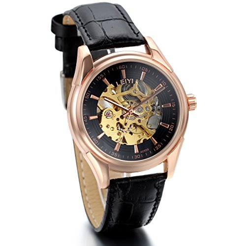 Preisvergleich Produktbild JewelryWe Herren Automatik Armbanduhr, Business Casual Skelett Automatisch Mechanisch Uhr Automatikuhr mit Leder Armband, Schwarz Rose Gold