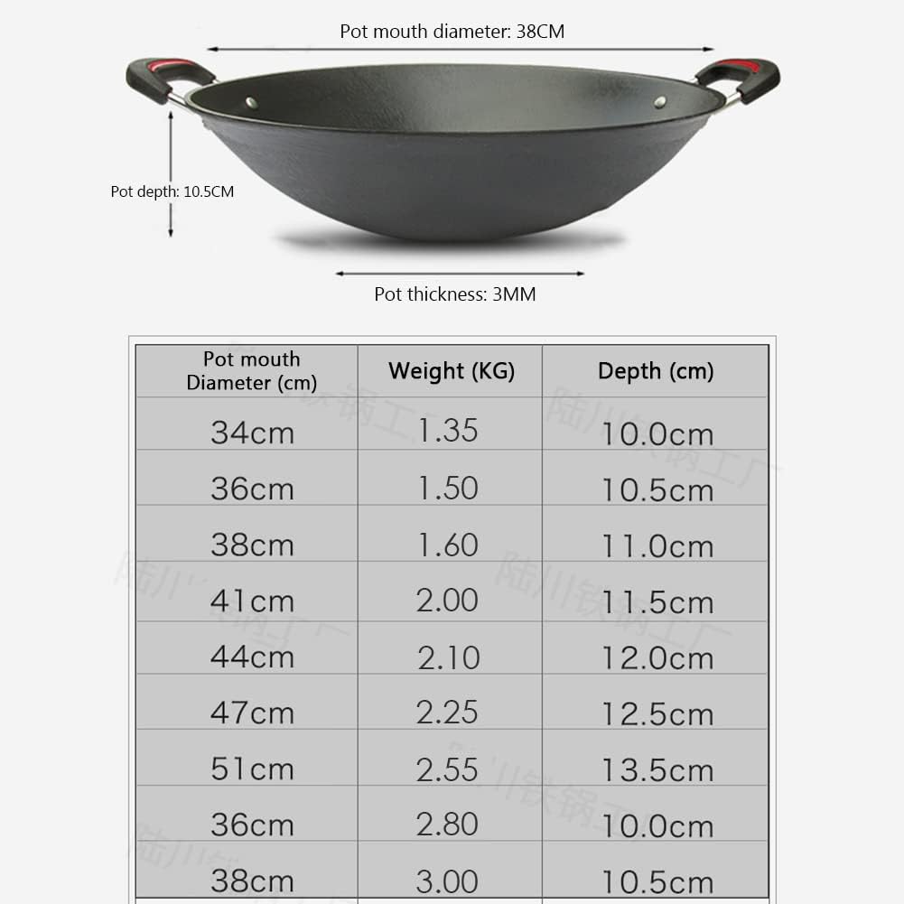 Double-Handle Cast Iron Wok, with Easy-to-Clean Anti-Scalding Handle, Non-Stick Pan with Thickened Round Bottom Large Iron Pots for Household Use,36CM