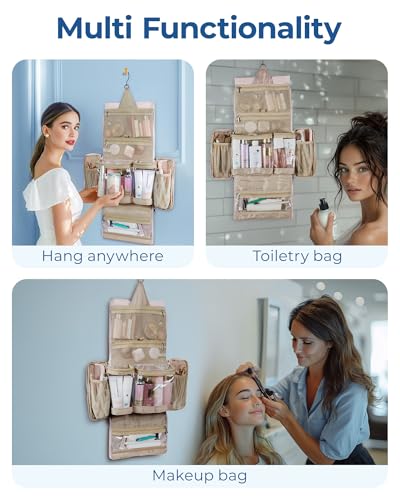 BAGSMART Travel Toiletry Bag, Extra Large Full-open Hanging Toiletry Bag for Women, Puffy Cosmetic Makeup Bag Organizer with Handle for Accessories, Essentials, Toiletries (Brown)2