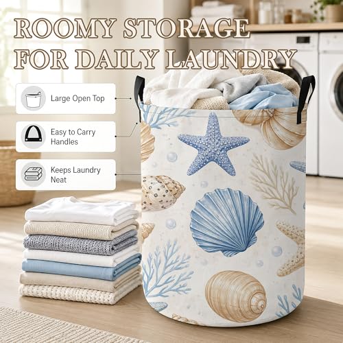 Image of Seashell Starfish Laundry Basket, Ocean Coastal Collapsible Laundry Hamper Waterproof Oxford Cloth With Handles, Clothes Storage Bucket For Bathroom /Bedroom 16 inch x 20.8 inch