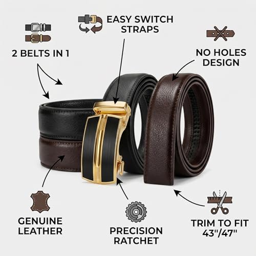 Image of JINIU Men's Ratchet Belt Buckle, Black Genuine Leather Slide Belt for Men Dress Suit, Micro Adjustable Trim to Fit Boxed