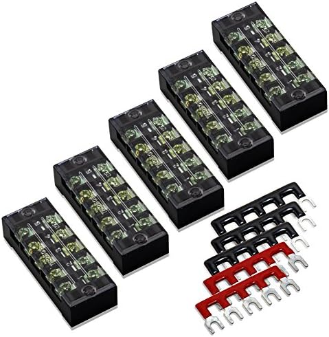 MILAPEAK Terminal Block and Strip - 10pcs (5 Sets) 5 Positions Dual Row 600V 25A Screw Terminal Strip Blocks with Cover + 400V 25A 5 Positions Pre-Insulated Terminals Barrier Strip (Black & Red)