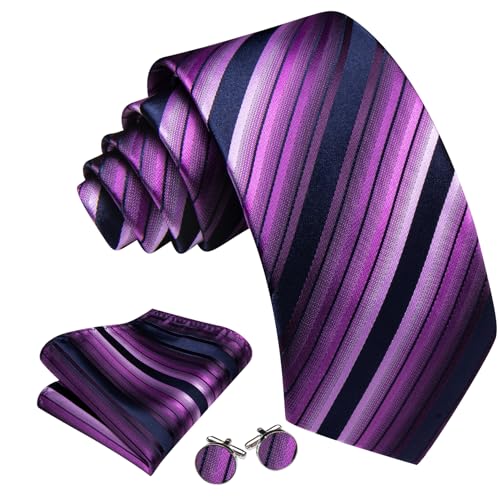Image of Barry.Wang Man Stripe Ties Set Silk Woven Pocket Square Necktie Cufflinks Formal Party Business
