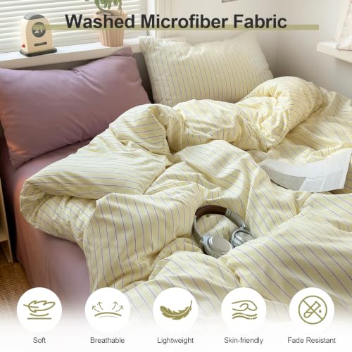 Image of EAVD Retro Striped Duvet Cover Set King Pastel Yellow&Lavender 3-Piece | Premium Washed Microfiber, Aesthetic Stripes Comforter Cover with Zipper Closure, 2 Pillowcases, Vintage Bedding, Corner Ties