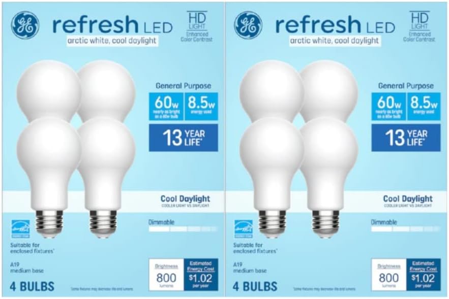 GE Refresh Arctic White - Bombillas LED regulables de 60 W EQ A19 (8 unidades)