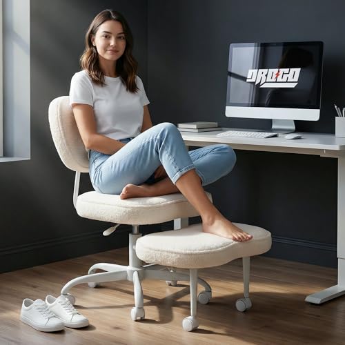 Image of DROGO Meditura Ergonomic Cross Legged Office Chair with 360 Wheels, ADHD Chair for Adults, Meditation Chair, Yoga Office Chair, Comfortable Back Support, 4.7' Adjustable Height & Recline (Off /White)