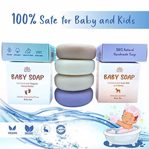 Relaxcation Set Of 4 Organic Baby Soap Bars - Lavender, Goat Milk, Unscented And Greek Yogurt - All Natural Cold Process Soap Bar For Baby, Toddler And Kids - Safe For Sensitive Skin Handmade In Usa #TOP2