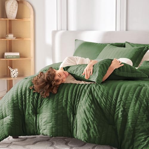 Image of MUXHOMO 7 Pieces Oversized King Comforter Set, Seersucker Bed in a Bag Oversized King Size, All Season Luxury Bedding Set with Comforter, Flat Sheet, Fitted Sheet, Pillowcases & Shams, Dark Green