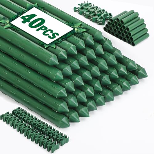 Tegarbed Garden Stakes 40 Pack 16 Inch Plastic Coated Metal Tomato Stakes DIY 4ft 5ft 6ft 7ft Plant Support Stakes with 28 Connectors 28 Rotatable Clips 28 Plant Clips for Indoor Outdoor Vegetables
