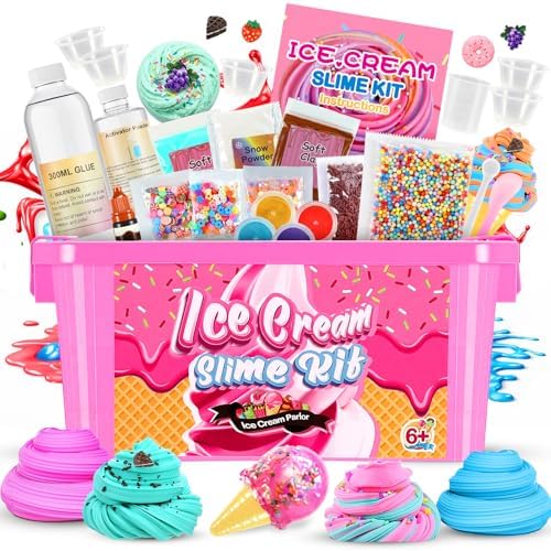Adeokay Slime Set, DIY Eis Schleim Kit, Fluffy & Weicher Schleim, 5 Farben, 3 Geschmacksverstärker, Schneepulver, Schaumstoffkugeln, Bunte Teile, Süßigkeiten, Mädchen 6-12 Jahre, G