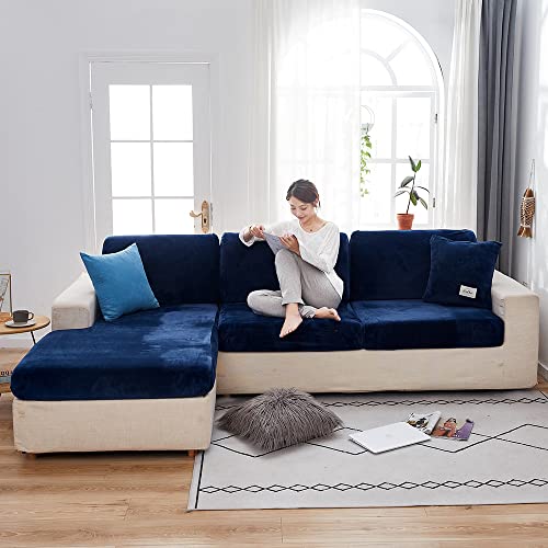 Jonuiony 2023 New Wear-Resistant Universal Sofa Cover, Stretch Velvet Separate Couch Cushion Slipcovers, L Shape Sofa Chaise Covers For Both Left/Right Sectional Couch (Navy Blue,Large Single Seat) #TOP1