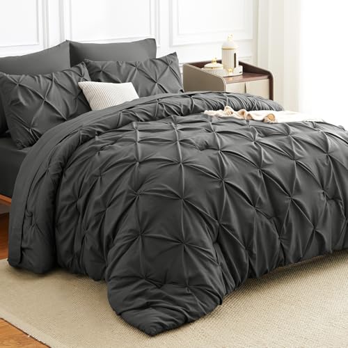 Parure de lit à plis pincés de qualité supérieure lit double gris foncé HIMEET