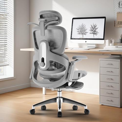 DROGO Ergonomic Office Chair for Work from Home, Chair for Study with Breathable Mesh, Adjustable Seat, 6D Armrest, 4D Headrest & Lumbar Support | Gaming Chair with Footrest & Recline (Grey)