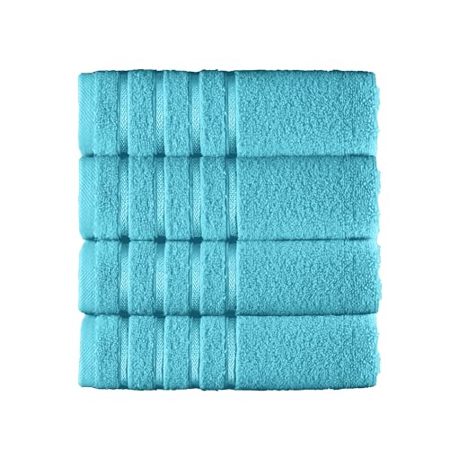 Image of Elegant Comfort 100% Turkish Cotton 4 Lines Viscose Stripe Luxury 4 Pack Hand Towel Set - Ultra Absorbent and Soft 16 x 28 Inch Premium Hotel Spa Quality Towels for Everyday Bath Use, Aqua