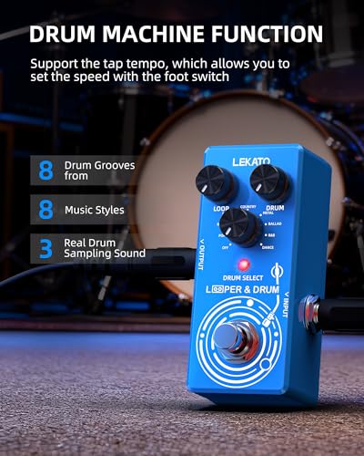 Image of LEKATO Looper Guitar Pedal Drum Machine, 2 in 1 Drum Looper Pedal, 6 Min Loop Time, 8 Drum Grooves, Real Drum Samples with Tap Tempo, Unlimited Overdubs Undo /Redo, Support Import /Export