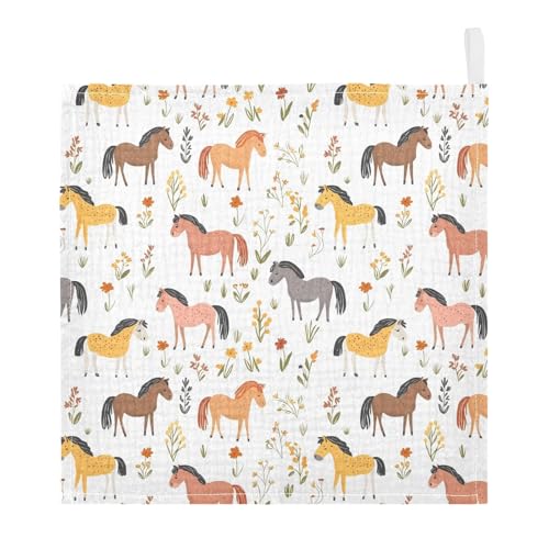 Image of vvfelixl Baby Muslin Washcloths Cartoon Horses Graze Baby Burp Cloths Cotton Babys Face Towel for Newborn Infants Boys Girls Soft and Absorbent 11.8 X 11.8 in, 3 Pack