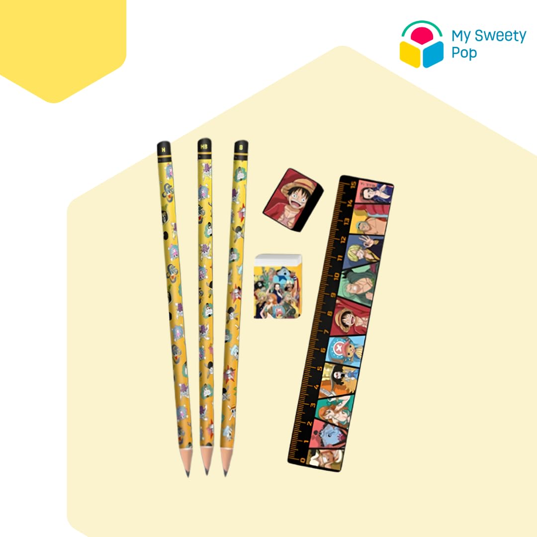 My sweety pop | Set di articoli per la scrittura One Piece 7 pezzi | Kit di articoli scolastici per bambini con portamatite, gomma, righello, temperamatite e 3 matite | Idea regalo per anniversario