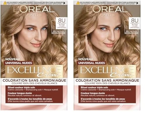 L’ORÉAL PARIS - Coloration Cheveux Cheveux Permanente - Sans Ammoniaque - Couvre 100% des Cheveux Blancs - Excellence Crème Universal Nudes - Nuance : Blond Clair Universel (8) (Lot de 2)