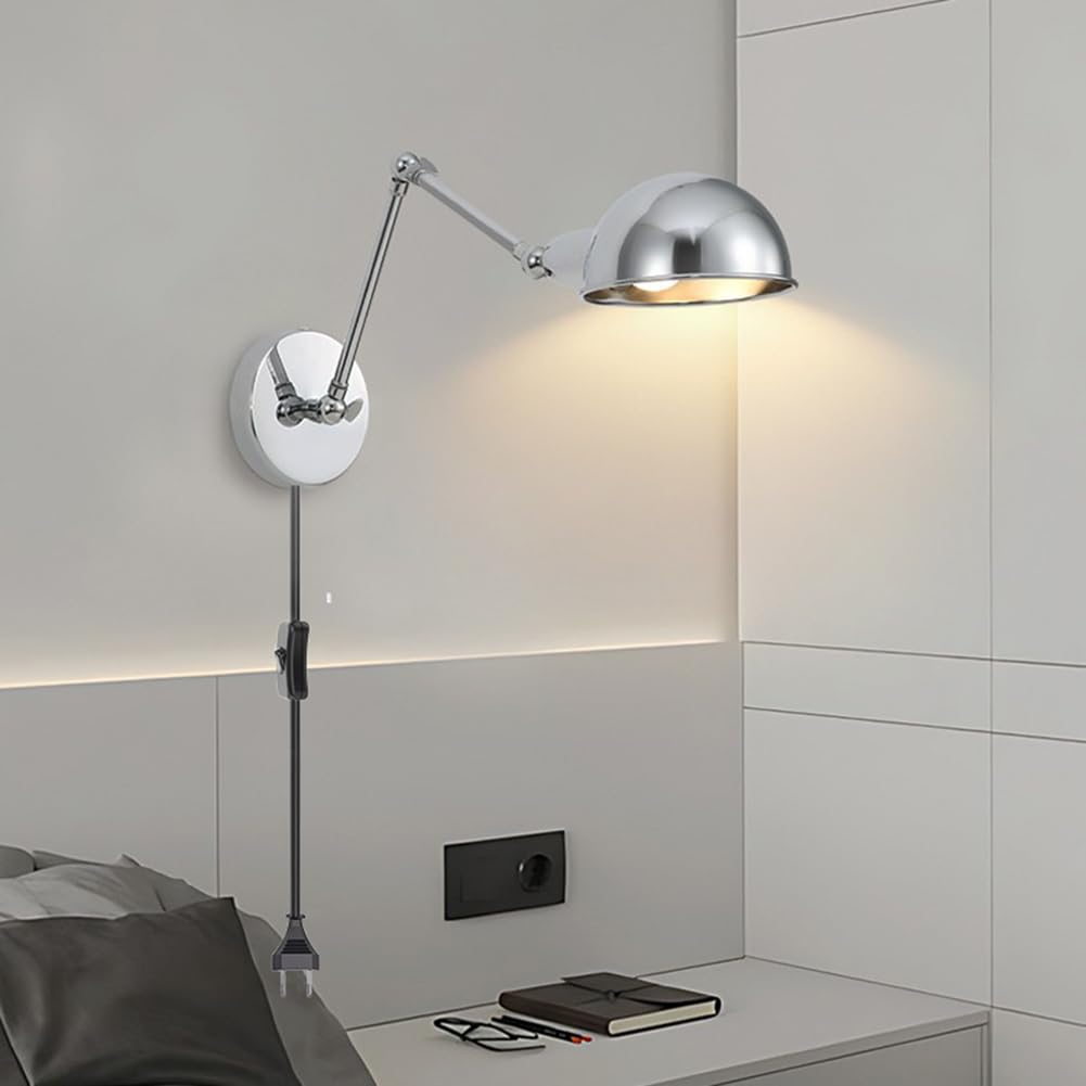 Retro Wandleuchte Verstellbare Schwenkarm Wandlampe mit Stecker Kabel Schalter Wandbeleuchtung Chrom Innen Nachttischlampe Ausziehbar Lange Arm Wand Leselampe Metall E27 Wohnzimmerleuchte