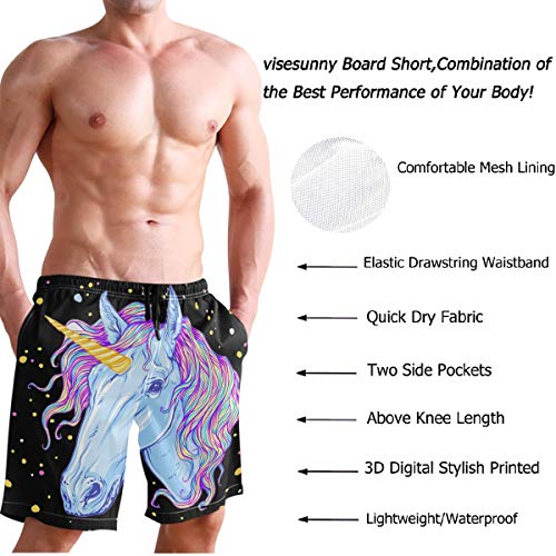 visesunny Men's Beach Short Swim Trunks Unicorn Colorful Dot Black Pattern Sports Running Bathing Suits3